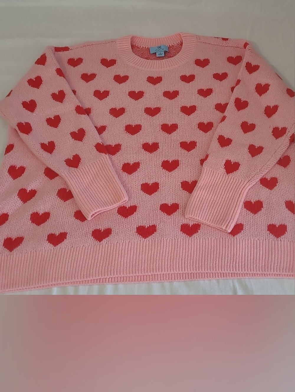 CeCe Pink Crewneck Sweater with Red Heart Pattern